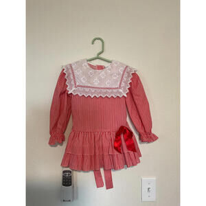 Bryan Girls' Red and White Striped Dress with Lace Collar Vintage